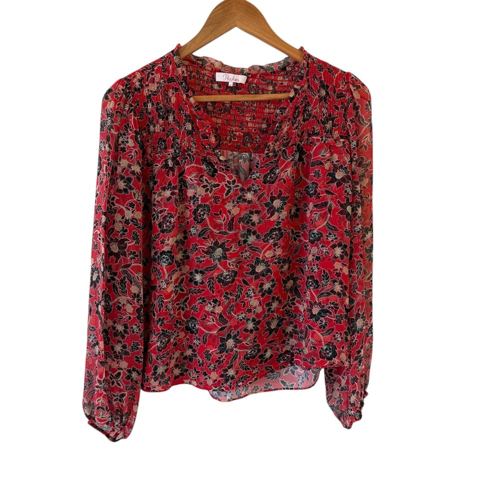 Parker Silk Floral Blouse M Red Smocked V Neck Sheer Feminine Going Out Top
